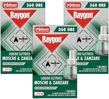 Baygon Liquido Elettrico Anti Mosche e Zanzare, Azione Rapida e Costante, Confezione con Tripla Ricarica da 360 Ore Ciascuna
