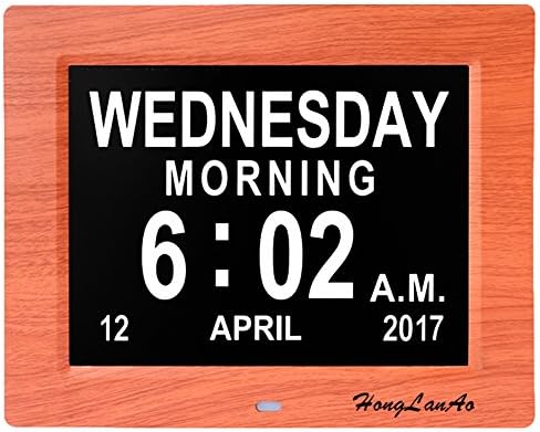 Day Clock - Digital Calendar Day Clock | Upgrade with 8 Alarms Digital Alarm Clock Extra Large Non-Abbreviated Day &amp; Month | HongLanAo® Digital Clock for The Original Memory Loss (8inch / Wood Grain)