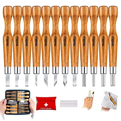 SMILKY Similk outils de sculpture sur bois en acier en alliage, travaux manuels Burin avec cuir Finger Guard, Housse de protection et housse de rangement 12 Set