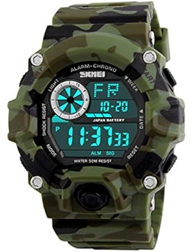 BesWLZ Multifunktional Camouflage Grün Militärisch Outdoor Sportuhr mit LED Analogon Digital Wasserdicht Alarm
