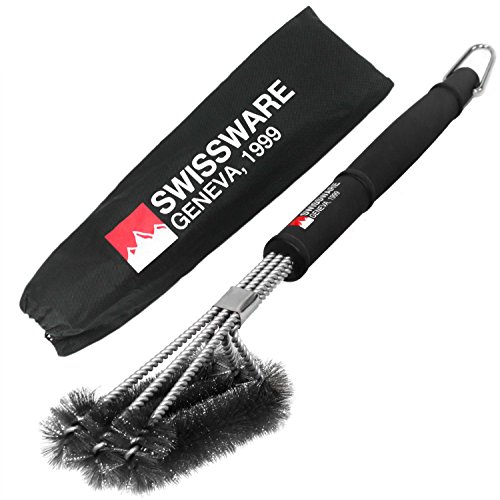 GRILLBÜRSTE von SWISSWARE GENEVA | 100% Edelstahl + Stoffbeutel + Metallhaken | DAS ORIGINAL
