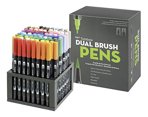 Tombow AB-S-96C Fasermaler Dual Brush Pen mit zwei Spitzen im praktischen Tischständer, 96 Stück