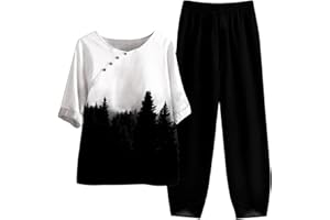 KOBILEE Tuta Estiva Donna Completa Elegante Taglie Forti Cotone e Lino Leggera Casual Completo Larghi Curvy Tuta Elegante Manica Corta Camicia + Pantaloni Lino Set Due Pezzi