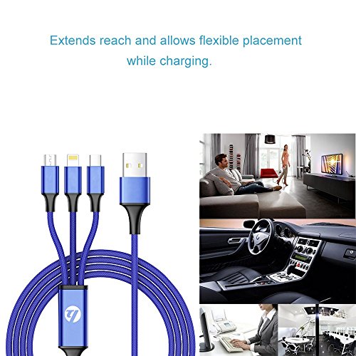 3-in-1 USB Typ-C Ladekabel-Lebenslange Garantie-TUOYA Multi 3-in-1 Lightning & Micro USB Nylon Geflochtenes 2A Ladekabel mit 8 Pin Ligtning / Typ C / Micro USB Stecker für iPhone iPad, Type C und Android Smartphones (2xBlau) - 7