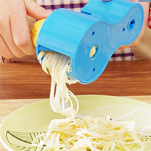 Spiralschneider für Gemüsespaghetti, Gurkenschneider mit Messerschärfer, Gurkenhobel für Gemüse, Gemüsehobel - Doppellochentwurf (blau)