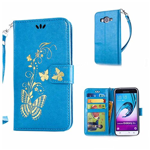 Galaxy J3 2016 Hülle Ledertasche [mit Frei Hartglas Displayschutzfolie], KKEIKO® Schutzhülle PU Leder Tasche Hülle Case für Samsung Galaxy J3 2016, Wickelfalz Handyhülle mit Bändselloch Standfunktion Karteneinschub und Magnetverschluss, Kratzfeste Lederhülle Flip Wallet (Blau #7)