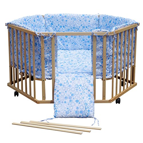 BABY VIVO WOODEN PLAYPEN 6-SIDE WITH REMOVABLE WASHABLE INLAY BLUE