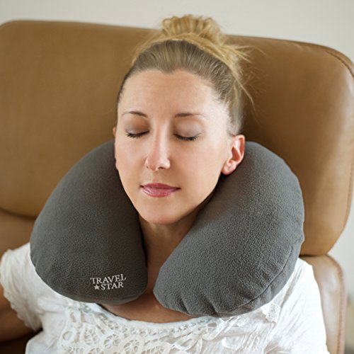 2er Set: Aufblasbares Nackenhörnchen + Kissen mit Fleece-Bezug (Grau) - 9