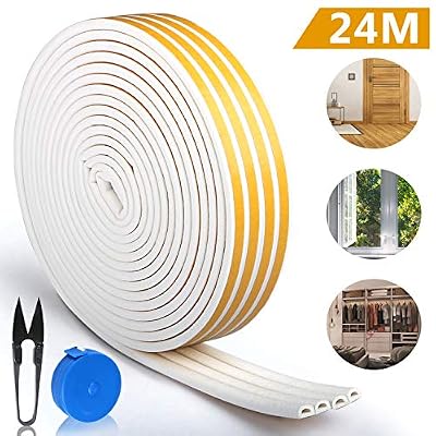 RATEL Bande de Joint 24m /78.7pi, Auto-adhésif Joint d'étanchéité de porte pour fenêtre Anti-intempéries, Avec 1 Ciseaux et 1 Ruban à mesurer 4 joints (blanc)