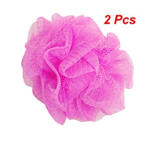 Mesh Bathing Shower Sponge Pouf Body Scrubber Amaranth Pink 2 Pcs