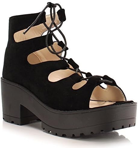 Sole Affair RILEY Ladies Womens Chunky Cleated Platform Sole Block Heel Lace Up Ankle Boots Shoes Size UK 6, EU 39, US 8 Black Faux Suede