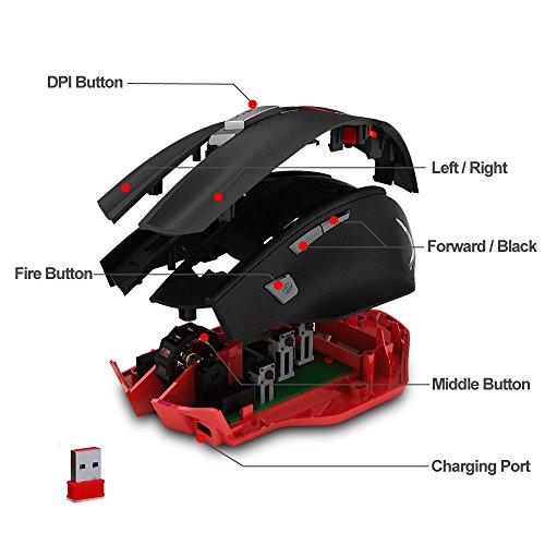 Zelotes Rat  n inal  mbrico Recargable para Juegos  Ratones   pticos de Alta Precisi  n de la computadora 600-1000-1600-2000-2400-3200 Ajustable dpi for Gamer PC Mac Laptop Macbook Negro