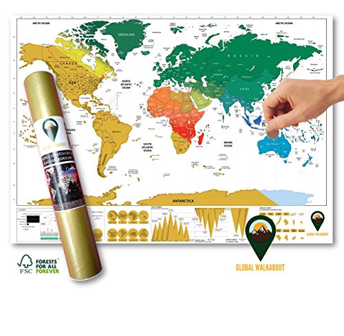 Global Walkabout - Mappa del Mondo da grattare, con Sfondo colorato, Formato da Viaggio, Ideale Come Regalo di Viaggio Bianco