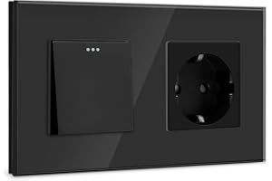 BSEED Interruptor de pared con Enchufe,1 Gang 1 Vía interruptor pared+16Amp Schuko Enchufe,16Amp Negro Interruptor de luz de botón pulsador con cristal marco de cristal,Enchufes de pared para Cocina