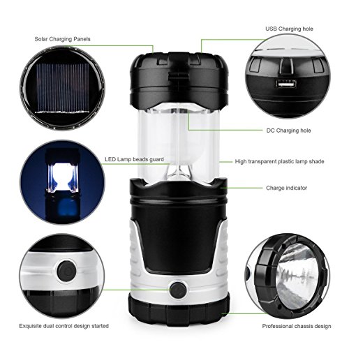 ProGreen skalierbare Solar Camping Laterne, schwarz, tragbar, Kaltweiß 6000k, Solaraufladung, Batteriebetrieb mit Lithium-Ionen-Akku, Wasserdicht IPX-4, , Solar Campingleuchte, Campinglampe, Notleuchten, LED Zeltlampe, Gartenlaterne, Arbeitsleuchte, Aufladen für alle Handy [1 Jahr Garantie] - 2