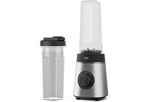 ‎AEG AEG MiniMixer SB4-1-4ST Standmixer / 350 W-Motor / 23.000 U/Min / 2 spülmaschinen- und bruchfeste 600 ml Trinkflaschen / 4-Klingen Messer/Drehregler/BPA-frei/Pulse-Taste/gebürstetes Edelstahl