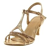  Angkorly - Zapatillas Moda Sandalias Tacón escarpín Correa de Tobillo Metalizado Elegante Mujer Strass Brillantes Tanga Tacón Embudo Alto 8 CM - Champán R12-09 T 37