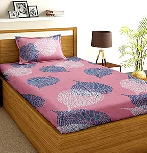 VAS COLLECTIONS 180 TC Supersoft Glace Cotton Floral Breathable & Wrinkle Free Premium Single Bedsheet with 1 Pillow Cover - 2 Pcs Set | Pink & Green