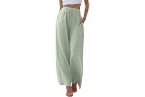 ZhungZaoh Sommerhose Damen Sommer Leinen Leicht Casual Locker Leinenhose Freizeithose Palazzo Hose Weite Leg Hose Stoffhose Hohe Taille mit Tunnelzug und Taschen