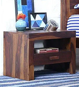 Dews Furniture Sheesham Wood Bedside Table for Bedroom | Wooden Nightstand Lamp Table with Drawer & Shelf Storage