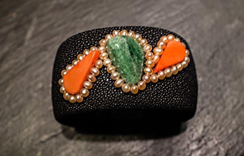 Black stingray bangle with tsavorite,pink coral and white pearls, bangle for woman