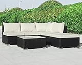 sofa sessel garnitur Polyrattan in Schwarz und Bezüge in Weiß, Lieferumfang und Maße (T x B x H): 1 x Doppelsofa mit Lehne links: 75 x 140 x 65 cm, 2 x Mittelsofa: 75 x 75 x 65 cm, 1 x Hocker: 75 x 75 x 31/39 cm, 1 x Tisch: 75 x 75 x 31 cm.