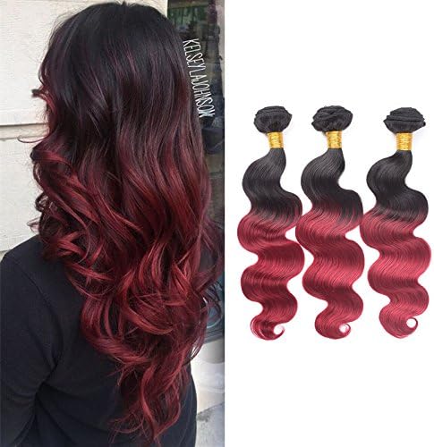 Ombre Brazilian Body Wave 2 Tone Ombre Hair Extensions Brazilian Virgin Human hair Weft 3 Bundles Body Wave (14 16 18 inches, black to burgundy)