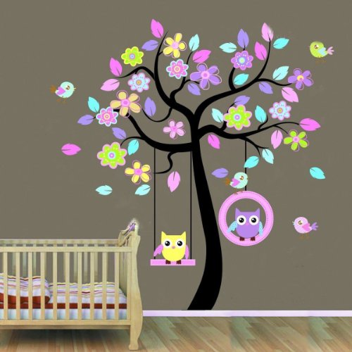 JoyGood Removable Swing Owl Tree Wall Decal Sticker for Baby Nursery