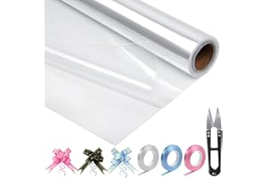 HTHL Clear Cellophane Wrap for Hampers,15M x 80CM-Folded in Half, Cellophane Gift Wrapping Roll with 30 Pull Bows,3 Ribbon Rolls, and Scissors for Florist Bouquet Valentine & Birthday Basket Gifts