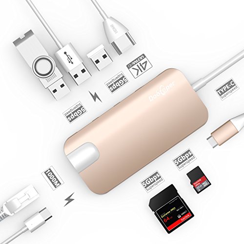Typ C Hub, Dootoper USB C Adapter mit 3 USB 3.0 Ports, 4K HDMI Port, Ethernet-Port(1000Mbit/s), SD-Kartenleser, Micro SDHC und USB C Ladeanschluss, für Geräte mit USB Typ C wie MacBook Air, MacBook Pro, Mac Mini, Google Chromebook 2016 (Gold)