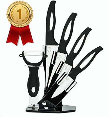 ChefsDeFrance Healthy Cooking ✮✮✮ Chef ceramic kitchen knife set ✮✮✮ Professional Quality - complete pack of 4 knives – white ceramic blade – black handle – vegetable peeler (FREE) + knives holder (OFFERED