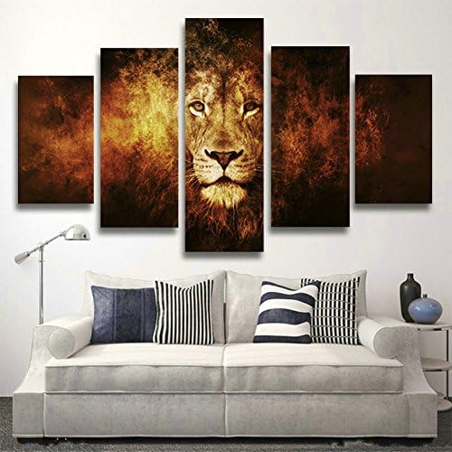 SwmArt 5 Panel Modern African tiger fine art oil painting canvas Decoration paintings wall art for living room(60"W x 32"H, Framed)