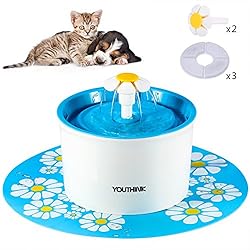 Bebedero Automático Silencio, Fuente de Agua con 1.6L Circulante para Perros/Gatos con 3 Filtros 2 Margaritas 1 Estera de Silicona, Dispensador SIN BPA, Azul