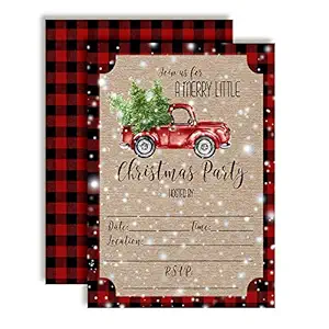 Watercolor Red Pickup Truck Christmas Holiday Party Invitations, 20 5