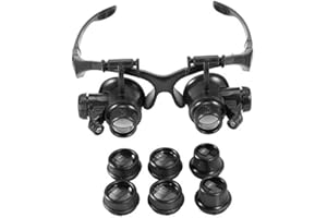 BRRNOO Okulary powiększające LED ze światłem, zestaw głośnomówiący Lupa z pałąkiem na głowę Lupa stojąca z 2 diodami LED 4 wymienne soczewki, regulowana lupa z lampką LED Lupa na czoło dla jubilerów Użytek d