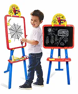 SARASI Spiderman Kids 5 in 1 Easel with Double-Sided Whiteboard & Chalkboard Standing Easel with Numbers and Other Accessories for Kids and Toddlers Multicolor