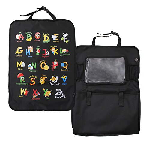BAYTTER® Rücksitzschoner Rückenlehnenschutz + Rücksitz Organizer mit großer Kapazität, mit durchsichtigem iPad Tablet Fach, für Kinder Früherziehung wasserdicht, mit Mustern von „Alphabet-Muster“, 60 x 45cm, passend für jedes Auto - 2