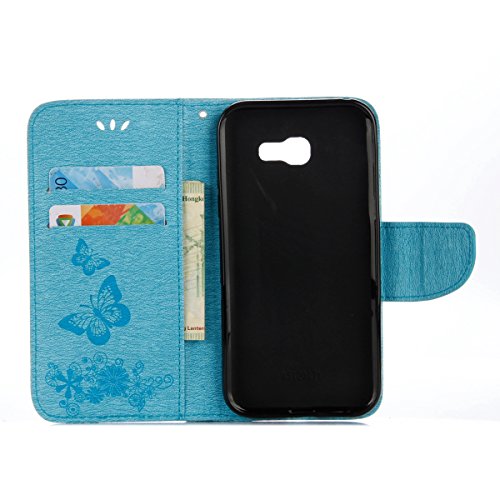 Galaxy A5 2017 Hülle,Samsung Galaxy A5 2017 Blumen Case,JAWSEU Retro Prägung Schmetterling Blumen Muster Kunstleder PU Leder Strap Brieftasche Bookstyle Magnetverschluss Schutzhülle Handytasche Case Cover Etui mit [Ständerfunktion] und [Kartenfächer]für Samsung Galaxy A5 2017+1xSchwarz Glitzer Bling Eingabestift-Blau Schmetterling - 2
