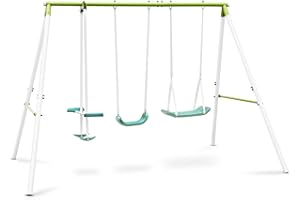 Oneconcept Olav - Columpio de jardín Infantil, Exteriores, hasta 4 niños de 3 a 8 años, Peso máx. 120 kg, Balancín con Asiento y reposapiés, Acero, Asientos plástico, Cian