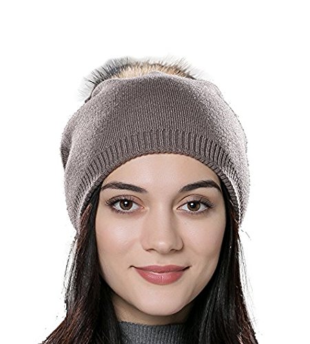 DUVERT Bonnet Femme Hiver/Tuques d'hiver/Bonnet Chapeau Femme Unisexe Laine tricoté avec Un Pompon de Vrai Raton Laveur Fourrure