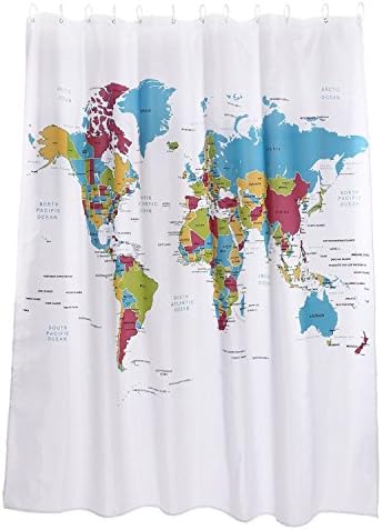 Greenmigo Waterproof Bath Shower Curtain Liner Fabric for Bathroom 180x180cm with 12 Hooks,Creative Stylish World Map Design
