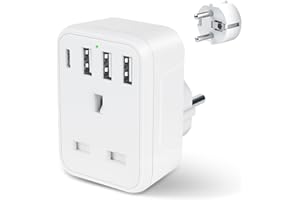 HERFAIR UK to European Travel Plug Adaptor,UK to EU Adapter with 3 USB A and 1 USB C Ports,5 in 1 EU Grounded Europe Power Euro Plug for Spain France Iceland Germany Greece Poland(Type E/F) White