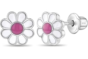 In Season Jewelry Plata Fina 925 Pendientes con Cierre de Rosca en Forma de Margarita Esmalte y Blanco de 7 mm para Niñas, Niñas Pequeñas, Jovencitas y Preadolescentes