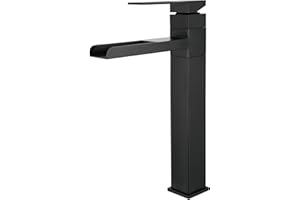 SHANFO Rubinetto Bagno Lavabo Alto, Rubinetto per Lavabo Girevole a 360°, Miscelatore Monocomando Lavabo Cascata, Fredda e Calda Regolabile, Nero, 6M3OK-T