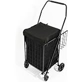 4 Tekerlekli 60 L Katlanabilir Kılıflı Pazar Arabası &ndash; 360&deg; D&ouml;nebilen Metal İskeletli Siyah Alışveriş Arabası