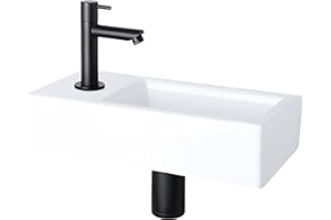 ‎DIFFERNZ Differnz Helios Waschbecken klein, Handwaschbecken Keramik Weiß, Schwarz Armaturen Wasserhahn Links, Waschtisch, Kaltwasserhahn - 37.5 x 18 x 9.5 cm