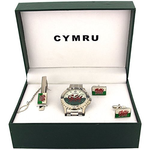 BOXX CYMRU Herrenarmbanduhr mit Stahlarmband und Welsh Flag, blaue Manschettenknpfe Geschenkset BOXX CYMRU Herrenarmbanduhr mit Stahlarmband und Welsh Flag, blaue Manschettenknpfe Geschenkset