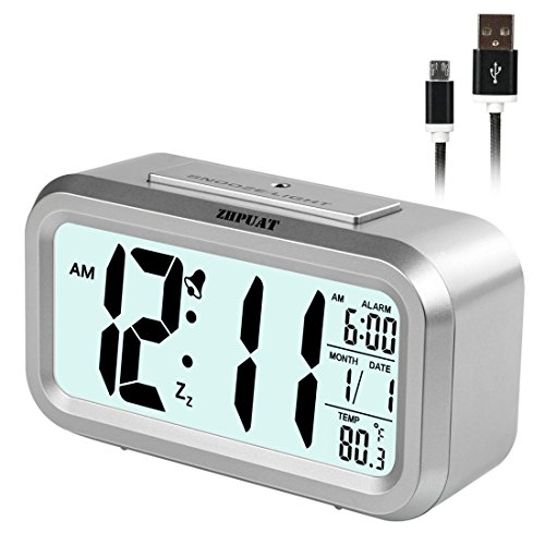 ZHPUAT S1 Digital-Wecker Digitaluhr große LCD-Ziffern Hintergrundbeleuchtung mit USB Kabel Silber