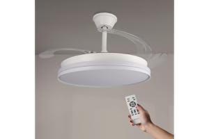 M mimotec - Ventilatore da soffitto con luce LED Cami bianca, telecomando, motore DC, 6 velocità, silenzioso, pale retrattili, funzione estate-inverno, timer, CCT