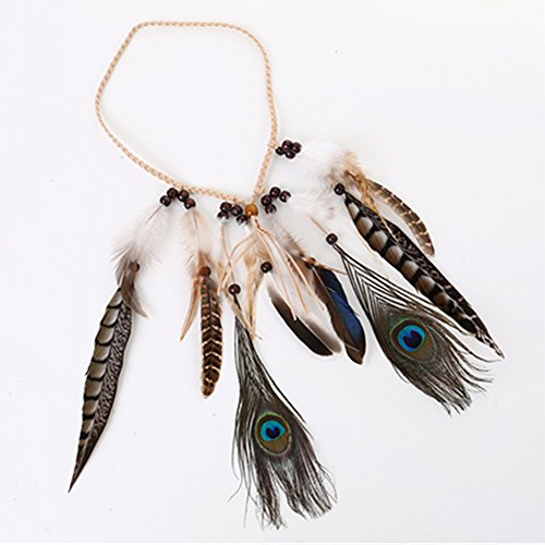 TININNA Damen Stirnbänder Frauen Feder Quasten Gürtel Stirnband Haarband Haarschmuck Kopfschmuck Haar Hippie Boho Federn Mit Holzperle Haarschmuck Haarbänder - 4